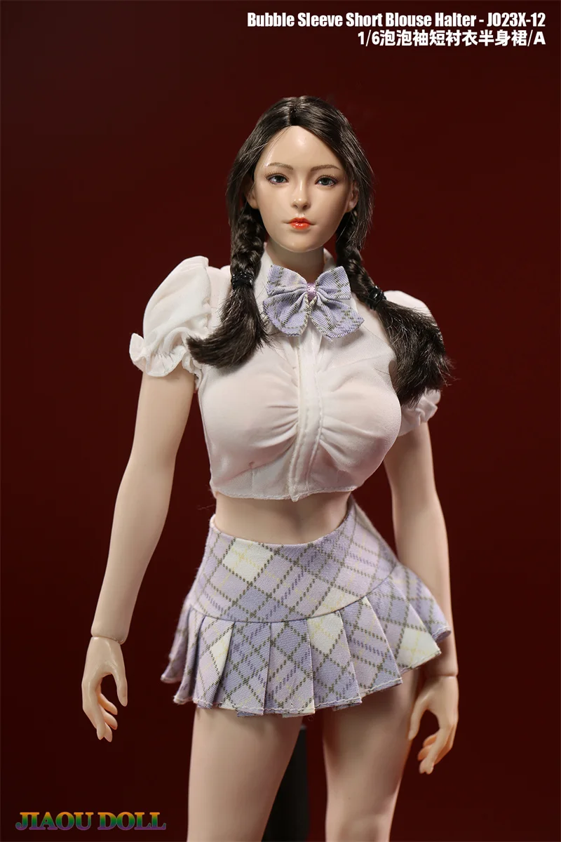 JIAOU DOLL JO23X-12 1/6 Female White Short Sleeve Shirt Plaid Pleated Skirt Clothes Set Fit 12'' Action Figure Body Model Dolls