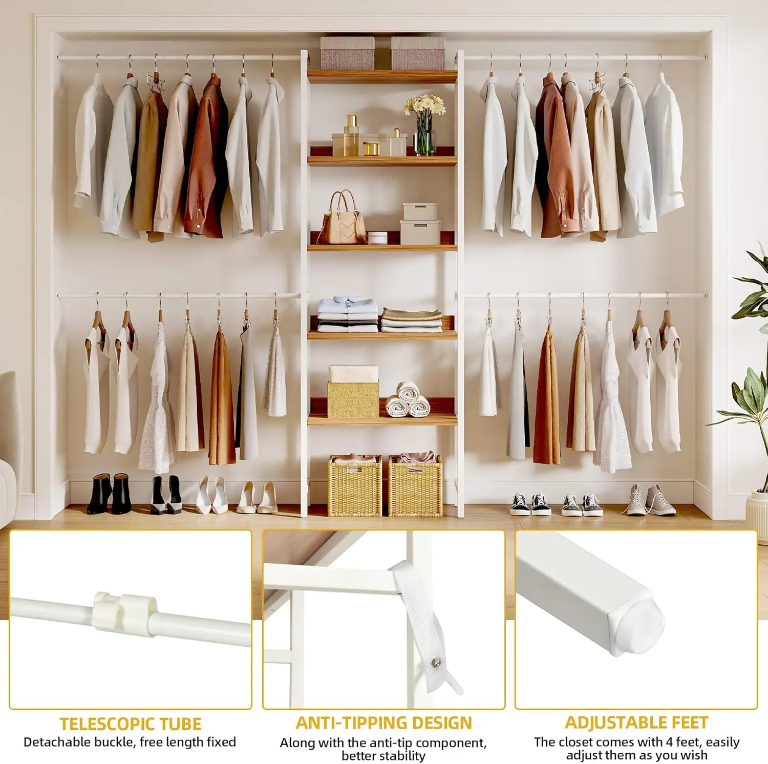 Dwvo Closet Organizer System For Bedroom, Adjustable Heavy Duty Garment Rack Walk In Closet System, 4 Expandable Hanger Rods