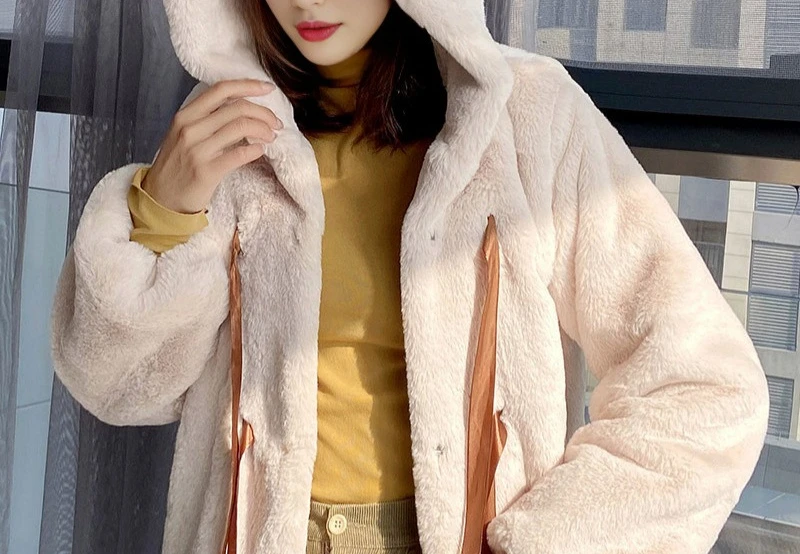 Artificial Fur Hooded Teddy Bear Ear Fur Faux Fur Rabbit Plush Coat Women's Top
