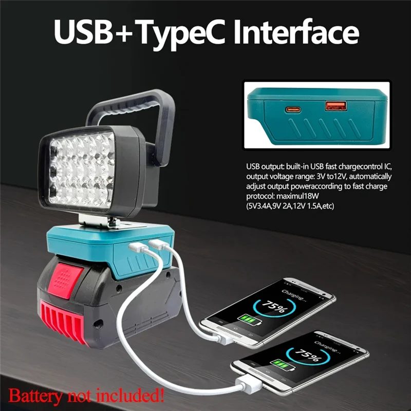 

ABZV-18 Bead LED Work Lights Handheld Lamp Portable Lanterns Flashlight Spotlights Torch For 18V Li- Battery BAT618