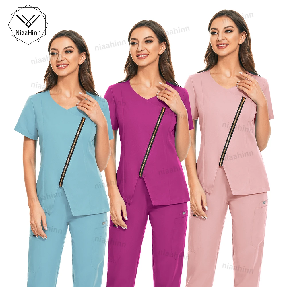 

Healthcare Dental Uniform Hot Sales Scrubs Sets Work Clothes with Zippers Beautician Manicurist Nursing Working Clothes Lab Coat