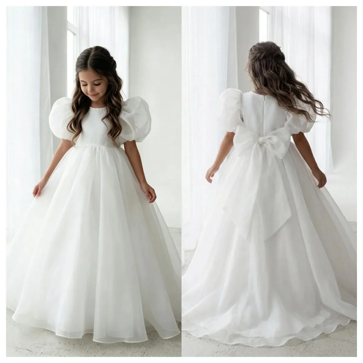 Maßgeschneidertes Mädchenkleid für Hochzeiten, Blumenmädchenkleid, einfaches Rundhalskleid mit Schleife und Schleppe, langes Prinzessinnenkleid, Mädchen-Erstkommunion, Großhandel – Detail 1