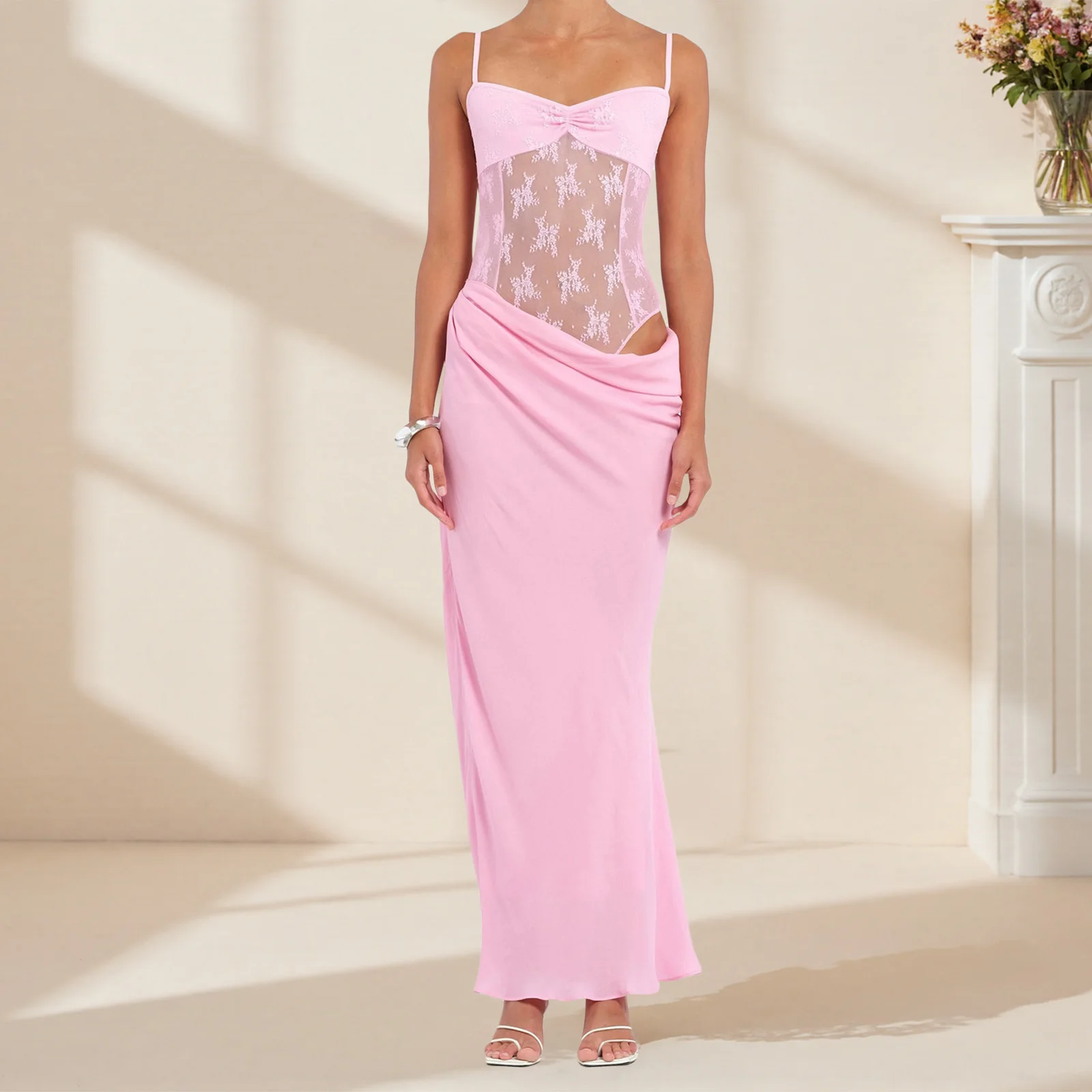 Nuovo abito da donna in pizzo patchwork con scollo a cuore e scollo a cuore, cinturino per spaghetti, abito lungo senza schienale per party club streetwear