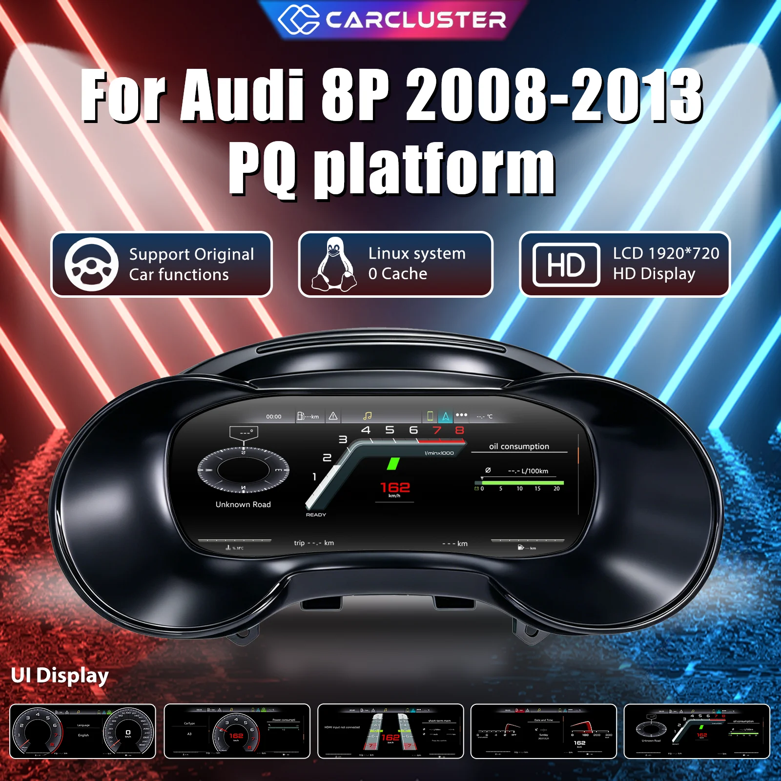 Carcluster 10,25'' LCD Digital-Kombiinstrument für Audi A3 S3 8P Baujahr 2008-2013 Digitales Armaturenbrett mit HDMI-Unterstützung, Carplay, Radio und Instrumententafel
