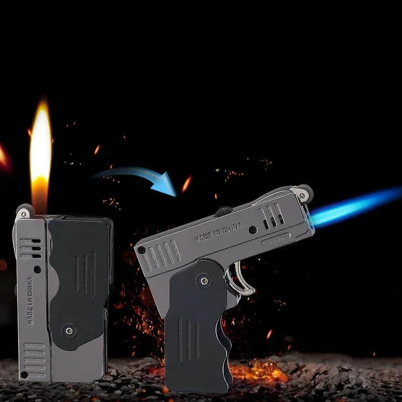 2024Metal Double Fire Deformation Pistol Butane Gas Lighter Free Fire Jet Torch Windproof Cigarette Flint GrindingWheel Lighters