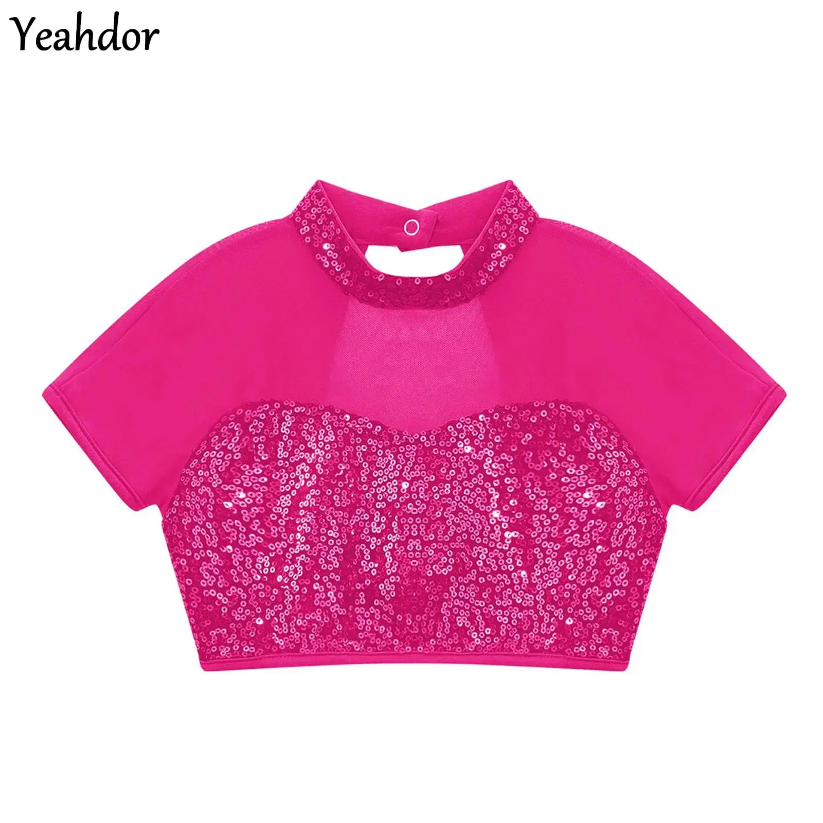 

Kids Girls Jazz Dance Top Short Sleeve Mesh Sequin Dance Crop Top And Skirt Gymantics Ballet Skating Cheerleading Dance Costumes