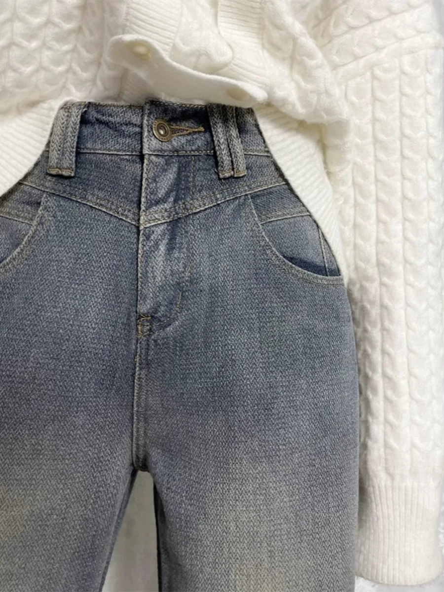 

Синие свободные широкие джинсы в стиле ретро, женские осенние новые большие размеры с высокой талией, утягивающий дизайн, прямые джинсы со звездным узором...