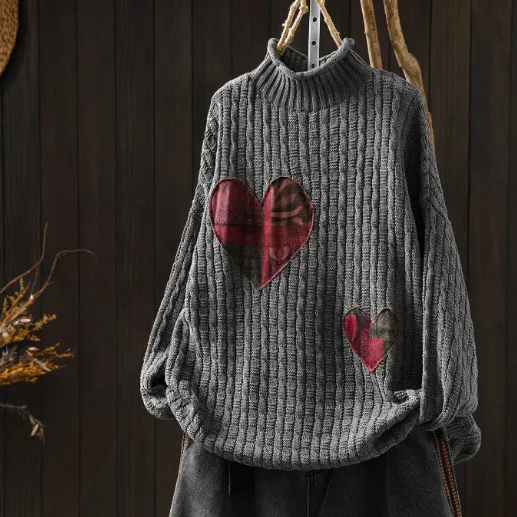 Women Autumn Vintage Mori Girl Love Heart Patch Sweater Pullovers Half High Neck Long Sleeve Casual Loose Knitted Sweater Tops
