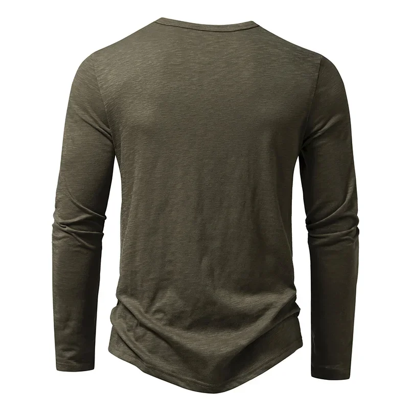 Green Henley T Shirt  Men 2025 Vintage Long Sleeve Distressed Tshirts Mens Button Down Washed T Shirt Male Tee Shirt Homme