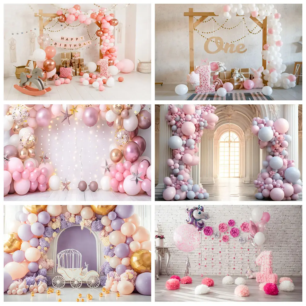 

Newborn Baby 1st Birthday Photography Backdrops Pink Blue Balloons Flower Cake Smash Baby Birthday Party Background Photo Studio