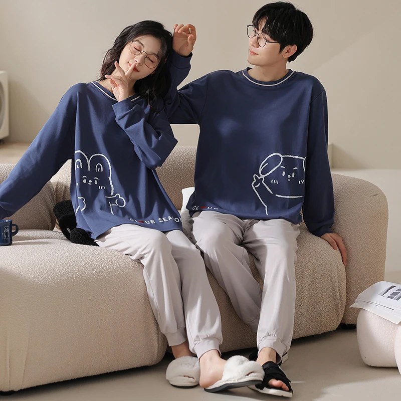 Blue couple's pajamas casual set long sleeved round neck all cotton men's and women's home wear spring and autumn M-3XL