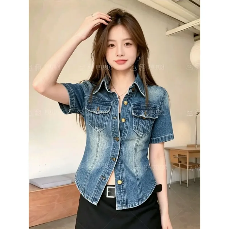 

Women French Vintage Polo Collar Short Sleeve Denim Shirt Single Breasted Slim Casual Summer Jacket