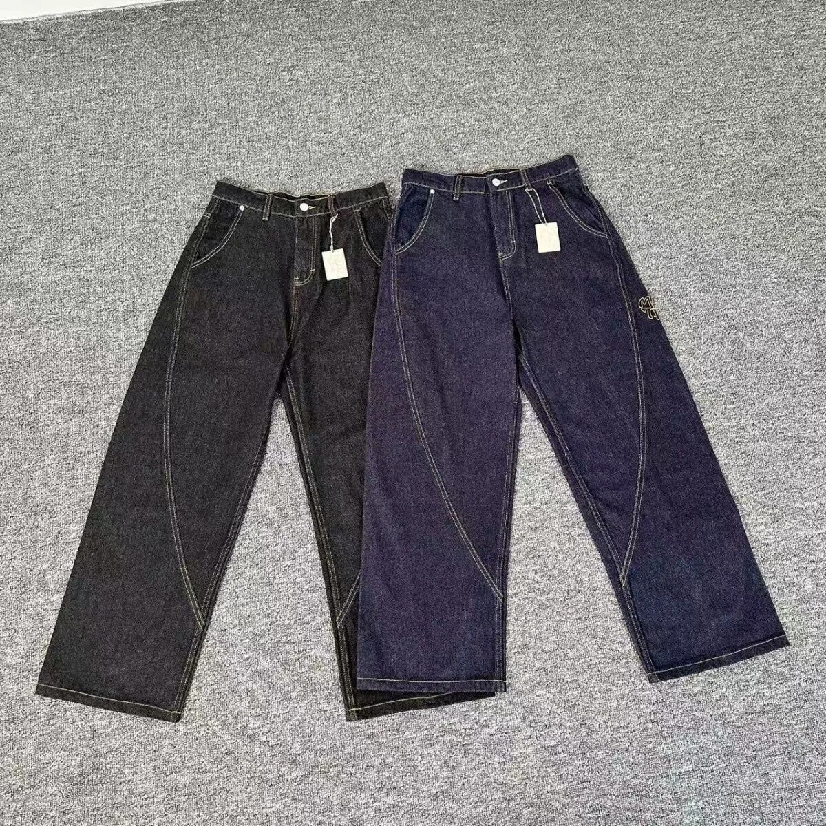 

Good Quality Mertra Fashion Logo Embroidery Black Blue Jeans Men Women Unisex Oversized Stitching Patchwork Denim Trousers