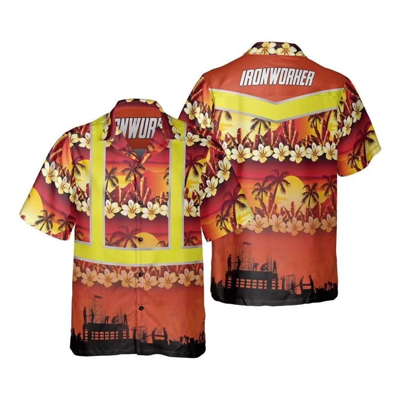 Camicie con stampa 3D Tropical Ironworker per uomo abbigliamento camicia da spiaggia da lavoro unica camicette hawaiane a maniche corte con grafica da lavoratore Casual