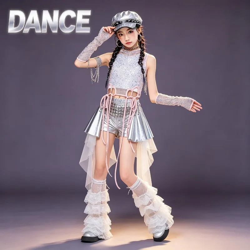 Hip Hop Girls Sequin Hoodies Silver Ribbon Skirt Kid K-pop Crop Top Jazz Clothes Set Girl Group Streetwear Costume Stage Wear