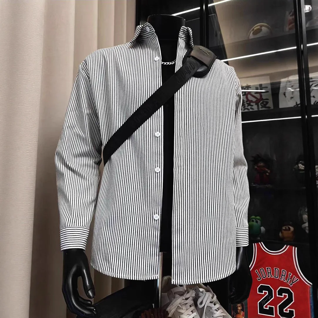 

Men's Striped Shirt 2026 Spring Retro Slim Fit Long Sleeve Casual Cargo Workwear Blouse Fashionable Inner Layer Top