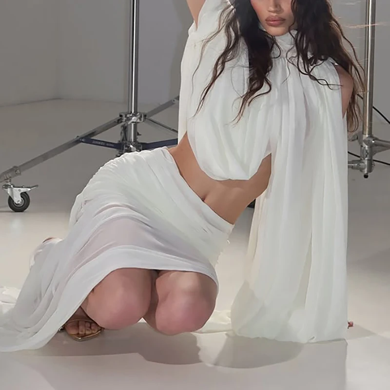 Conjunto de Dos Piezas Sexy y Casual para Mujer, Top de Manga Larga y Falda Midi, Traje de Playa, Atuendo de Vacaciones, Blanco, Transparente, Plisado
