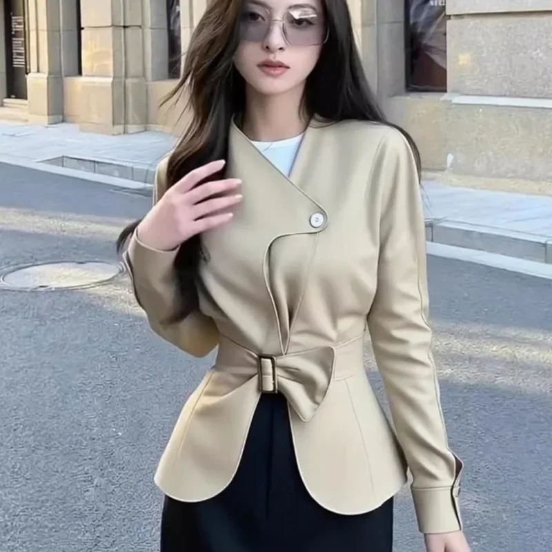 New Autumn Winter Bowknot Belt Suit Coat Elegant Slim One Button Long Sleeve Fashion Irregular Jacket  Solid Color Outwear