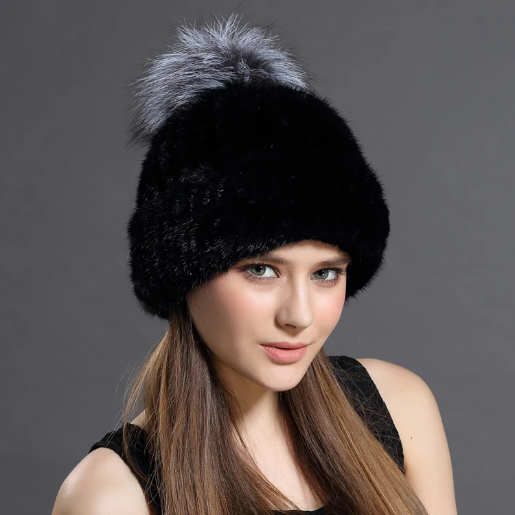 2024 New Women Winter Mink Fur Hats Knitted Real Mink Silver Fox Fur Ball Caps Female Russian Warm Beanies Hat Fur Hat