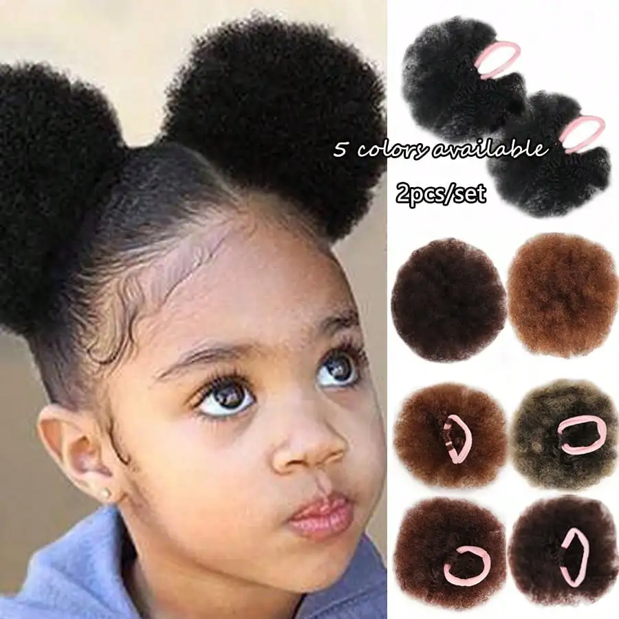 Kids Puff Ponytail Extensions 2Pcs/set Synthetic Small Afro Kinky Curly Hair Bun For Little Girls Comfortable Lightweight Hairpi