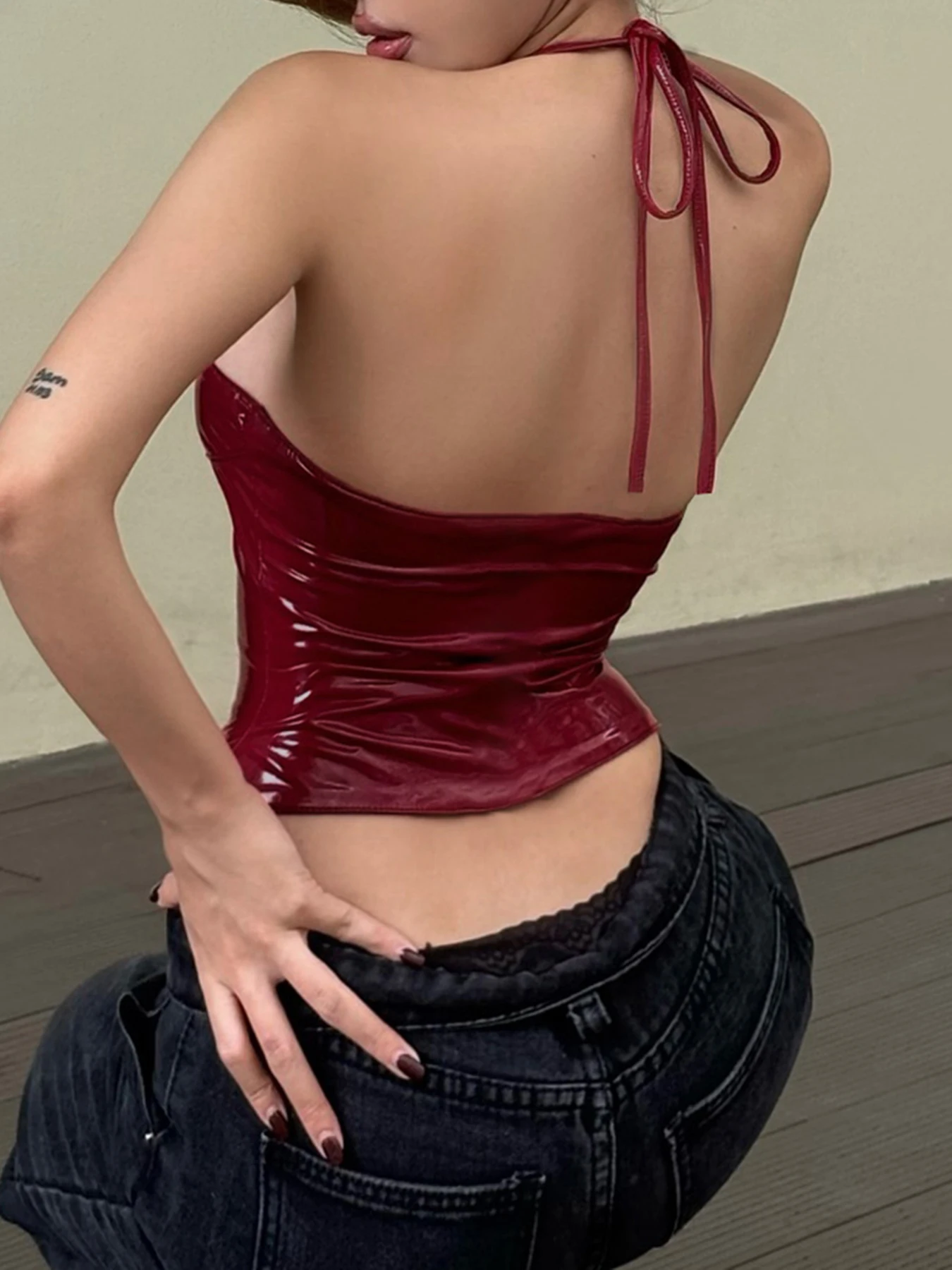 Cuteandpsycho Halter V-Neck Sext Tops Solid Metal buckle Clubwear Slim Backless Cloth for Women PU Y2K Vintage Streetwear Tops