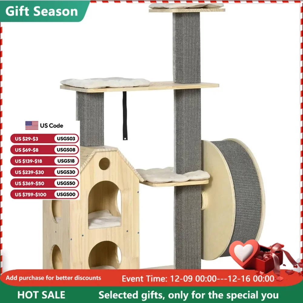 Deluxe Double-Layer Cat Condo & Climbing Tree with Scratching Posts and Exercise Wheel,Furniture & Scratchers Cat Supplie