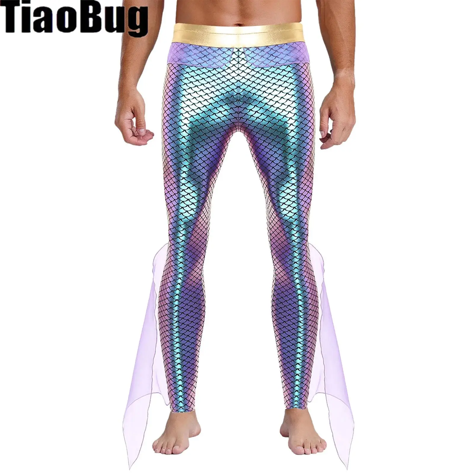 

Мужские брюки для косплея металлик «Русалка», костюм короля морей, эластичная талия, блестящие колготки с принтом рыбьей чешуи, леггинсы для Хэллоуина