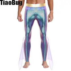 Mens Metallic Mermaid Cosplay Pants King of The Seas Costume Elastic Waist Shiny Fishscale Print Tights Leggings for Halloween
