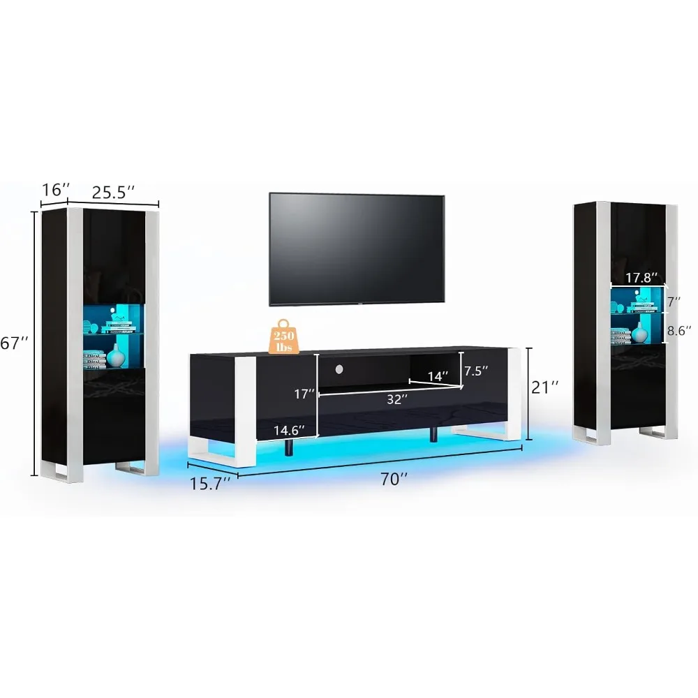 3-Piece Modern Entertainment Center Set with LED Lights, High Gloss 70