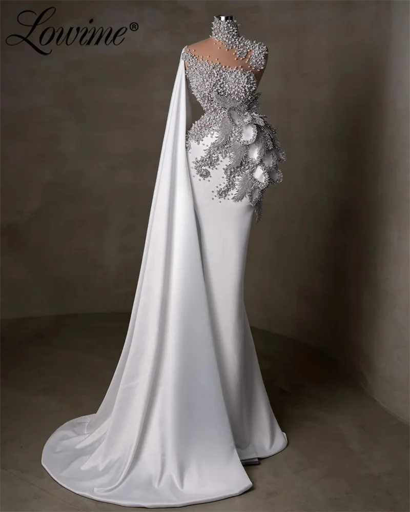 White Elegant Evening Dresses For Women Crystals Mermaid Celebrity Dress 2024 Cape Sleeve Pearls Beaded Prom Dresses Party Gowns