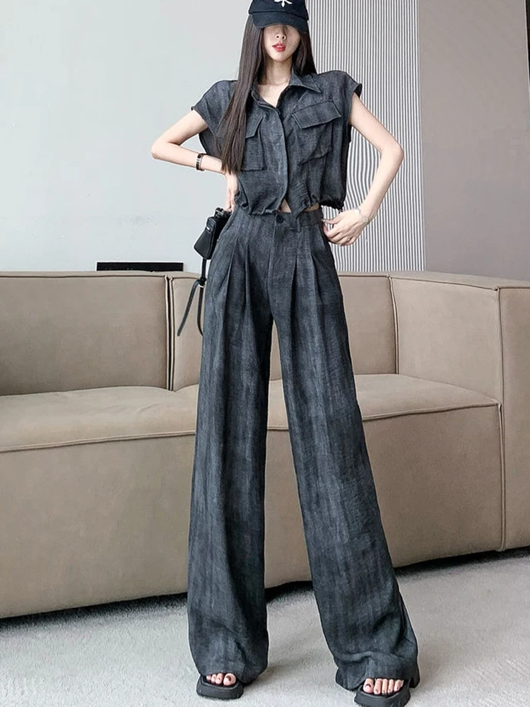 Fashion Two Piece Set Women Shirt Top + High Waist Wide Leg Pants Summer 2 Piece Pant Sets Outfits