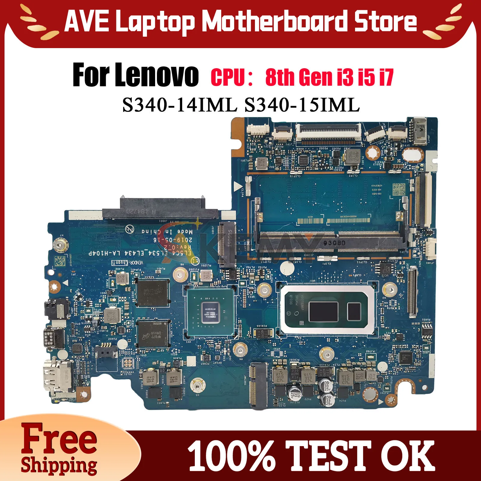 

LA-H104P For Lenovo Ideapad S340-15IML Laptop Motherboard with i5 i7 CPU MX230 2GB 4GB RAM 100% Fully Tested
