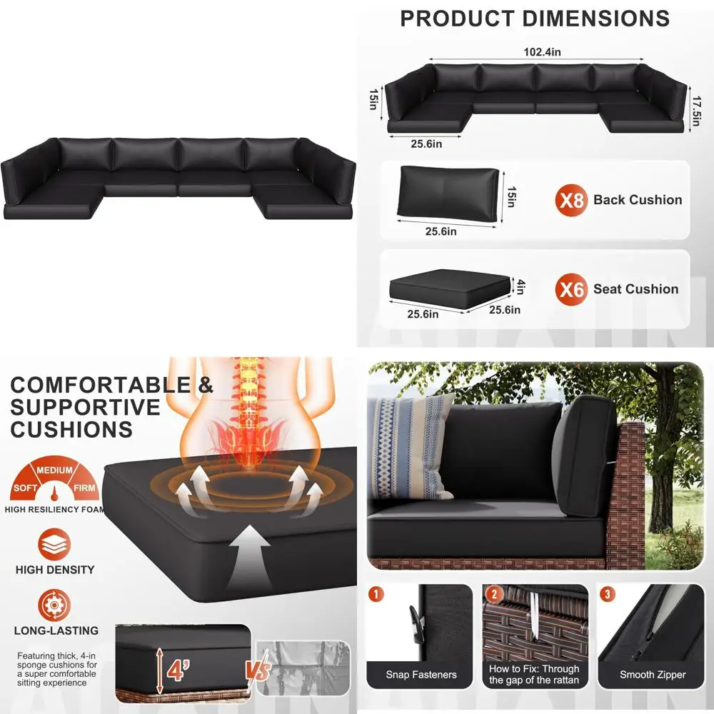 Deep Seat Outdoor Cushion Set for 6-Seat Wicker Sectional, 14-Piece Water-Resistant Replacement Cushions for Patio Furniture