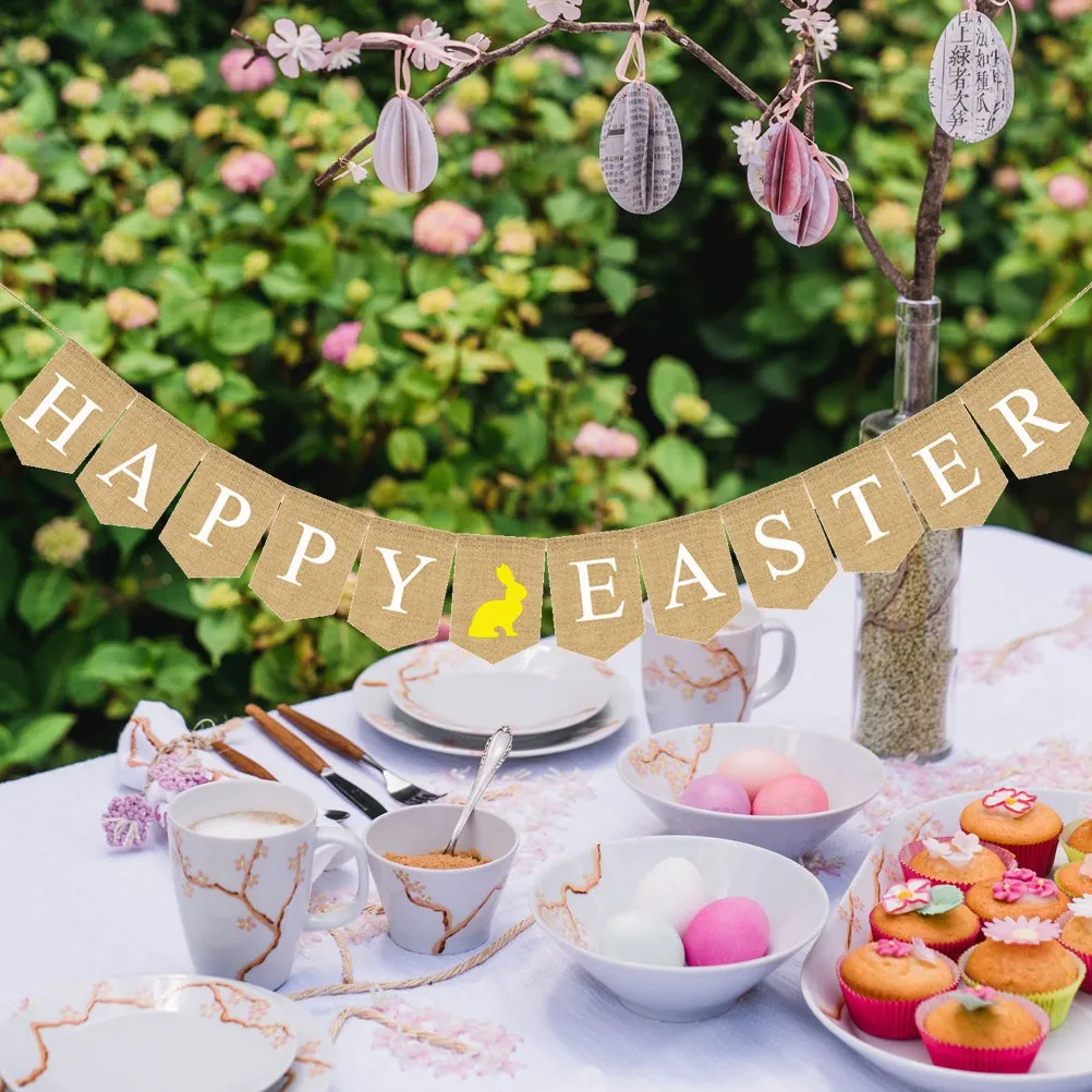 

Happy Easter Jute Non-Woven Banner Bunny Bunting Swallowtail Party Decoration Pull Flag Yellow Happy Easter Banner