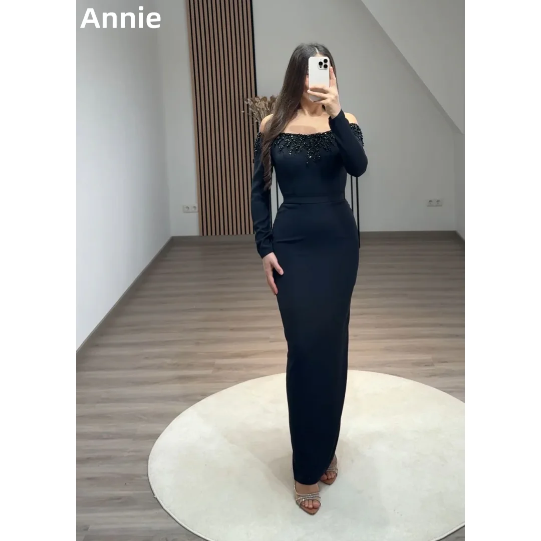 

Annie Glitter Beads Prom Dresses Four-way Stretch Long Sleeves Evening Dresses Black Elegant Lady Vestidos De Fiesta Customized