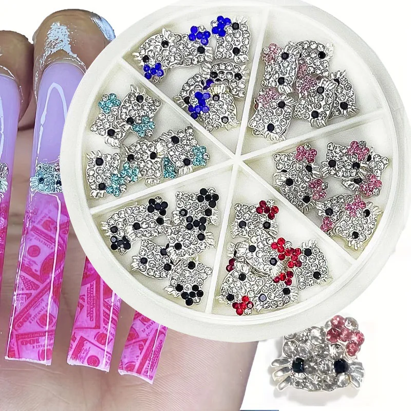 30/36Pcs 3D MINISO Hello Kitty Nail Charms 8*10mm Full Diamond Kitty Cat Nail Decor With Red/Blue Mini Crystal Silver Kitty 1##