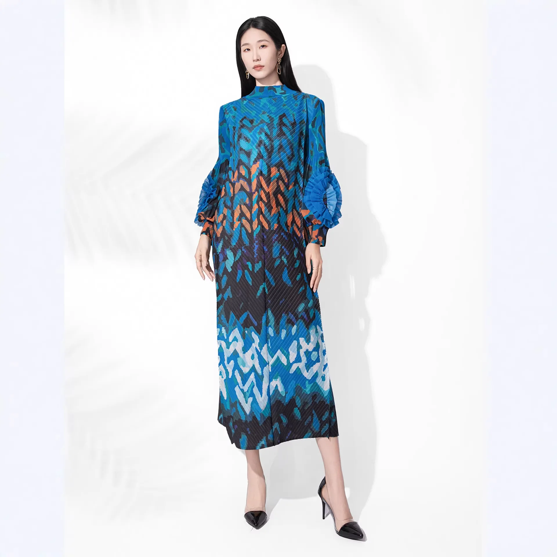 

Miyake Pleated Pan Flower Sleeve Dresses Europe 2026 Spring Summer New Long Women's Large Size Stretch Middle East Long Dresses