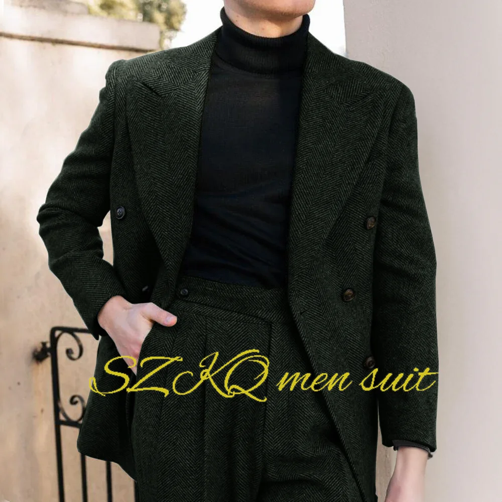 Modieuze Herenpak Visgraatjack En Broek 2-delige Set Double Breasted Blazer Voor Mannen Op Maat Gemaakt Bruidegom Smoking