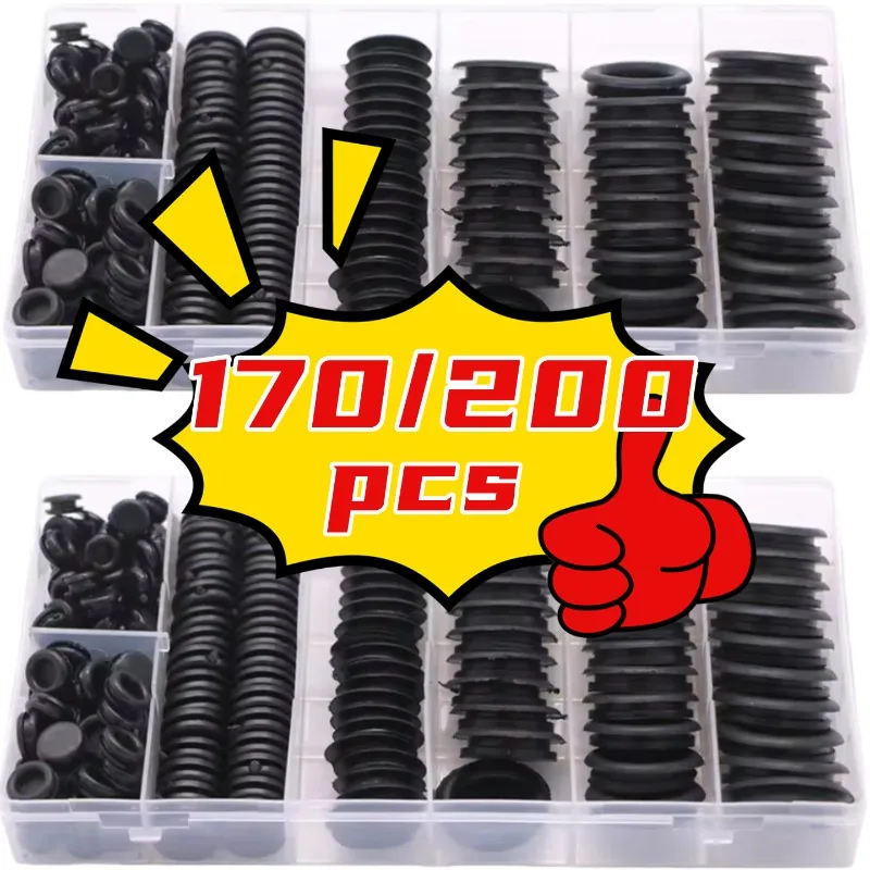 200Pcs/170Pcs Black Rubber Grommet Kit Firewall Hole Plug Retaining Ring Car Electrical Wire Gasket for Valve Water Pipe