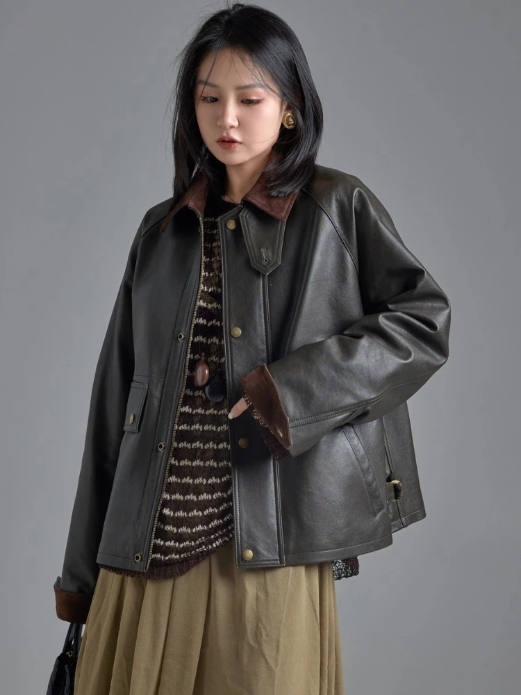 Giacche cargo in vera pelle vintage anni '90 per donna Autunno Inverno 2025 Nuovo cappotto di alta qualità semplice allentato morbido corto in vera pelle di pecora