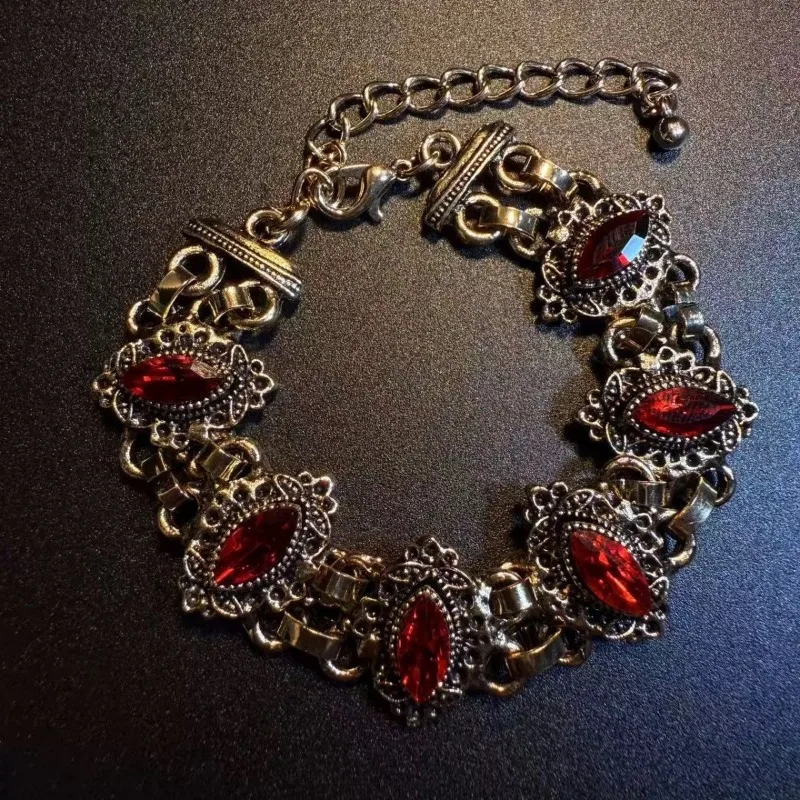Vintage Antique Finish Red Marquise Zircon Bracelet for Women Bohemian Niche Design Statement Hand Jewelry Decor Bangle