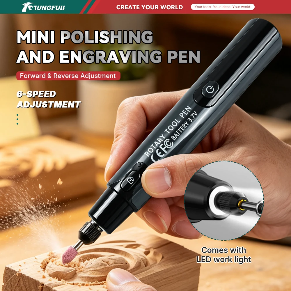 TUNGFULL Cordless Rotary Tool 16000RPM Mini Electric Grinder Engraving Pen Polishing Sanding Carving Tool 6 Speed LED DIY Craft