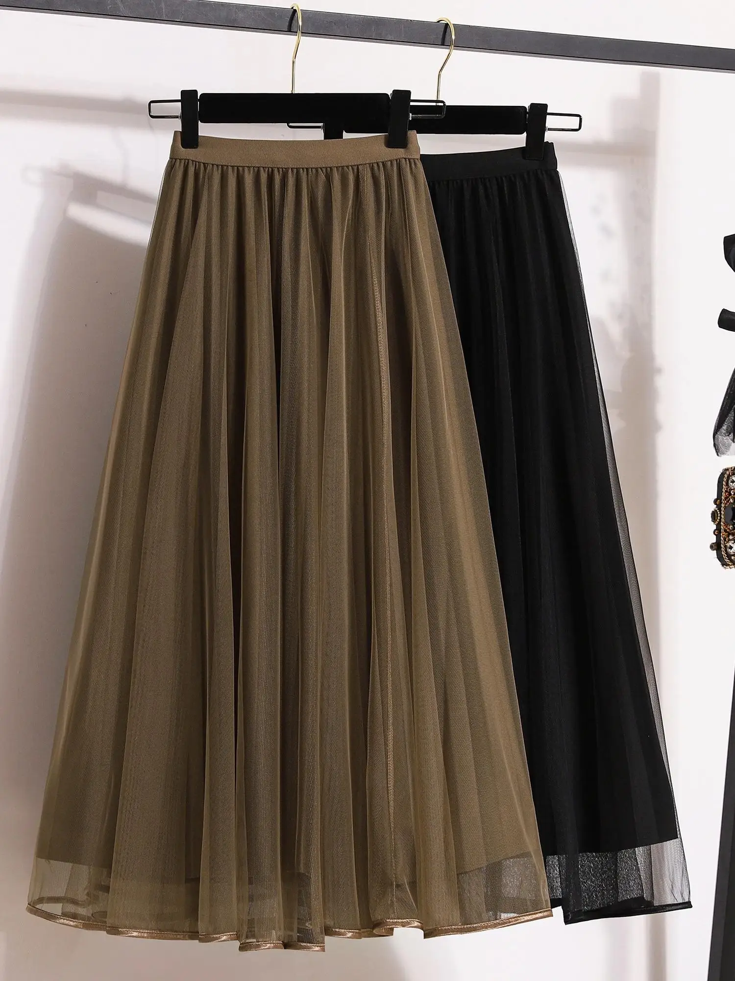 

plus Size Women's High Waist A-Line Slimming Mesh Half Skirt Pleated Midi Skirt Korean Style Casual Summer Fashion