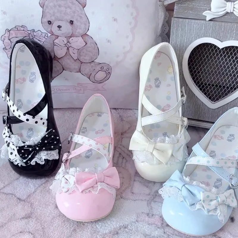 

Kawaii Original Cute Sweet Lolita Low Heel Single Shoes Round Head Loli Girl Student Versatile Bow Lace Lo Shoes for Women
