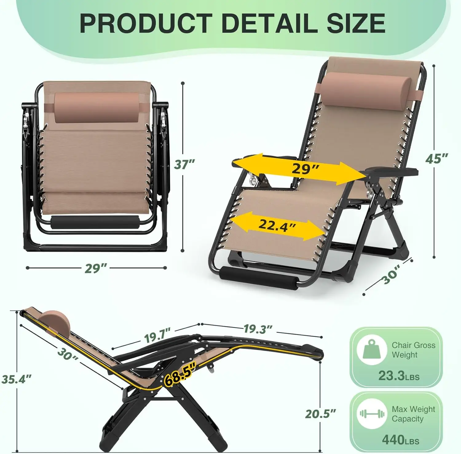 Oversized Zero Gravity Chair,29In XL Lounge Chair w/Removable Cushion&Headrest, Reclining Camping Chair w/Upgraded Lock