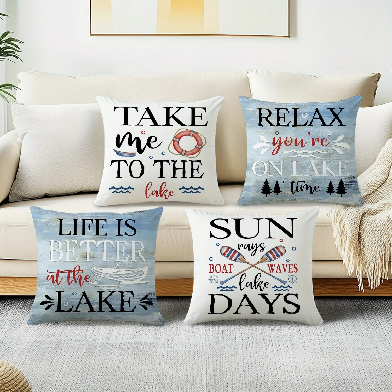 4PCS Lake Life Pillow Case, Relax On Lake Cushion Cover, Boat & Sun Art, Summer Cottage Decor, Soft Sofa Throw Pillow Slipcover