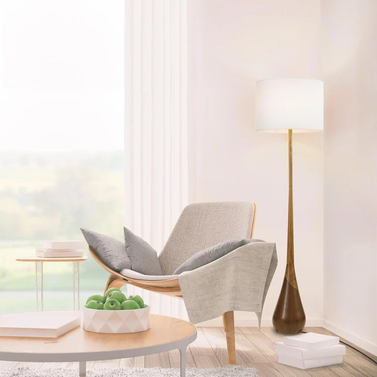 Novogratz x Globe Harrington 65" Floor Lamp, 2-Tone Faux Wood Base, White Fabric Shade, Socket Rotary Switch 6722 image 3