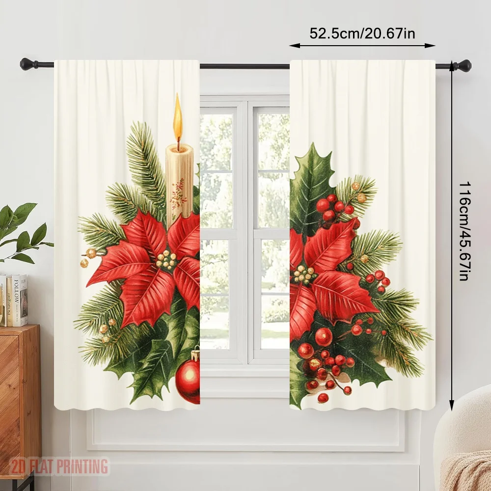 2pcs,2D plane printing Curtains Christmas Candles Poinsettias Ornaments (2) Polyester (without rod) Decorations Outdoor for Home