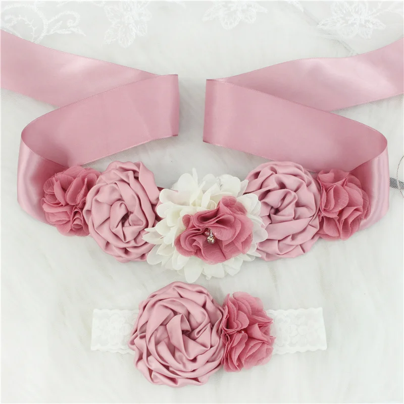 2 stücke Mode Vintage Rosa/elfenbein Blume Gürtel Mädchen Frau Schärpe Gürtel Hochzeit Schärpen Gürtel mit Blume Stirnband für kinder Mädchen