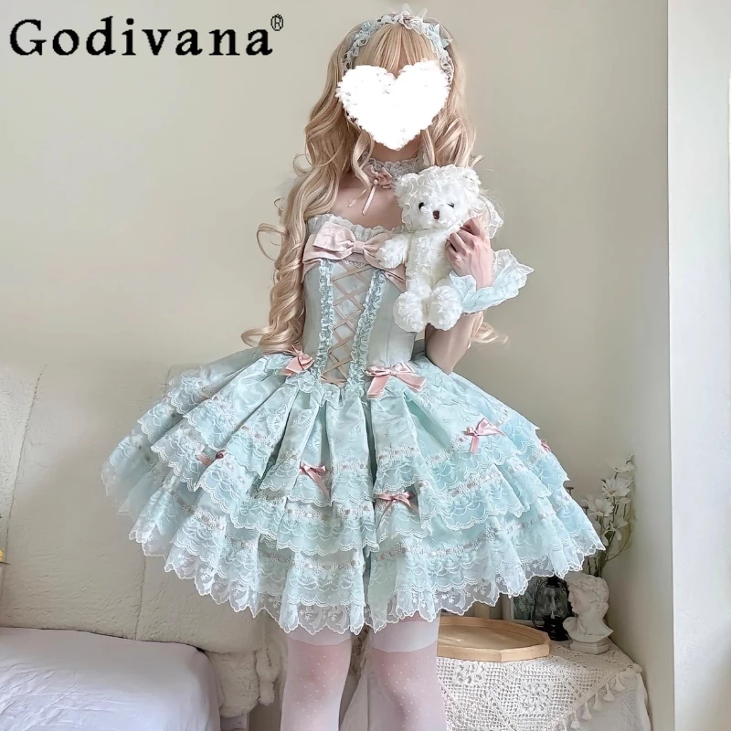 

Sweet Princess Style Suspender Dress Jsk Summer Women's Slim-Fit Elegant Mini Dress Sweet Girls Cute Bow Lace Lolita Dresses